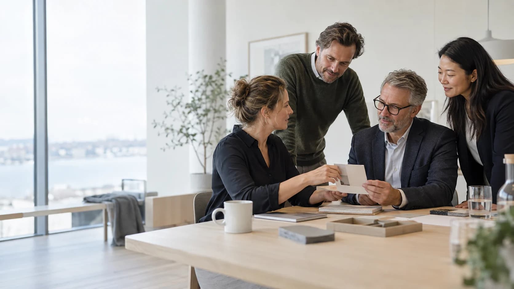 Illustrative team scene: colleagues examine a sheet of paper marked with the Pree.to target.